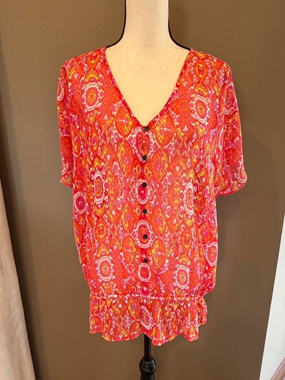 Jones New York Colorful Orange & Pink V-Neck Lightweight Blouse, Size Large